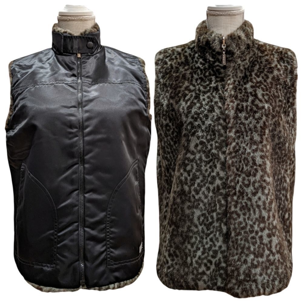 Guess Women's Reversible Full Zip Vest Black & Animal Print Faux Fur Size M